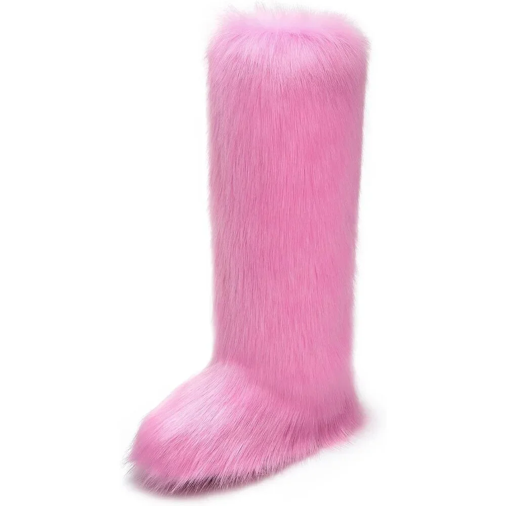 ⚡Women Pink Faux Fur Fluffy Cosy Round Toe Knee High Warm Outdoor Fur Boot